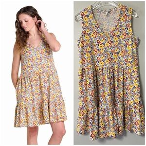 Toad&Co Marley Tiered Ruffle Dress Size Medium Yellow Floral Sleeveless Pockets